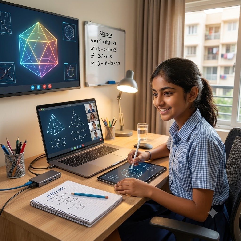 Indian school student attending a live CBSE maths online tuition class on laptop and tablet